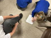 Year 2 child putting their shoe back on as a girl records her findings on a chart