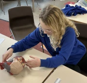 Year 6 pupil looking at a model of the heart
